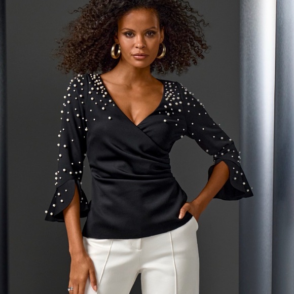 Boston Proper Tops - Boston Proper Elegant Black Pearl Embellished Bodice medium Top Blouse